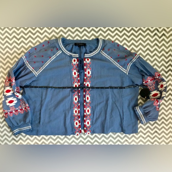 Anthropologie RD & Koko Oversize Blue Embroidered Blouse Jacket, Size L P2P 24” - Picture 3 of 6